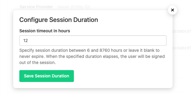 Screenshot of the Buildkite SSO Session Duration Configuration