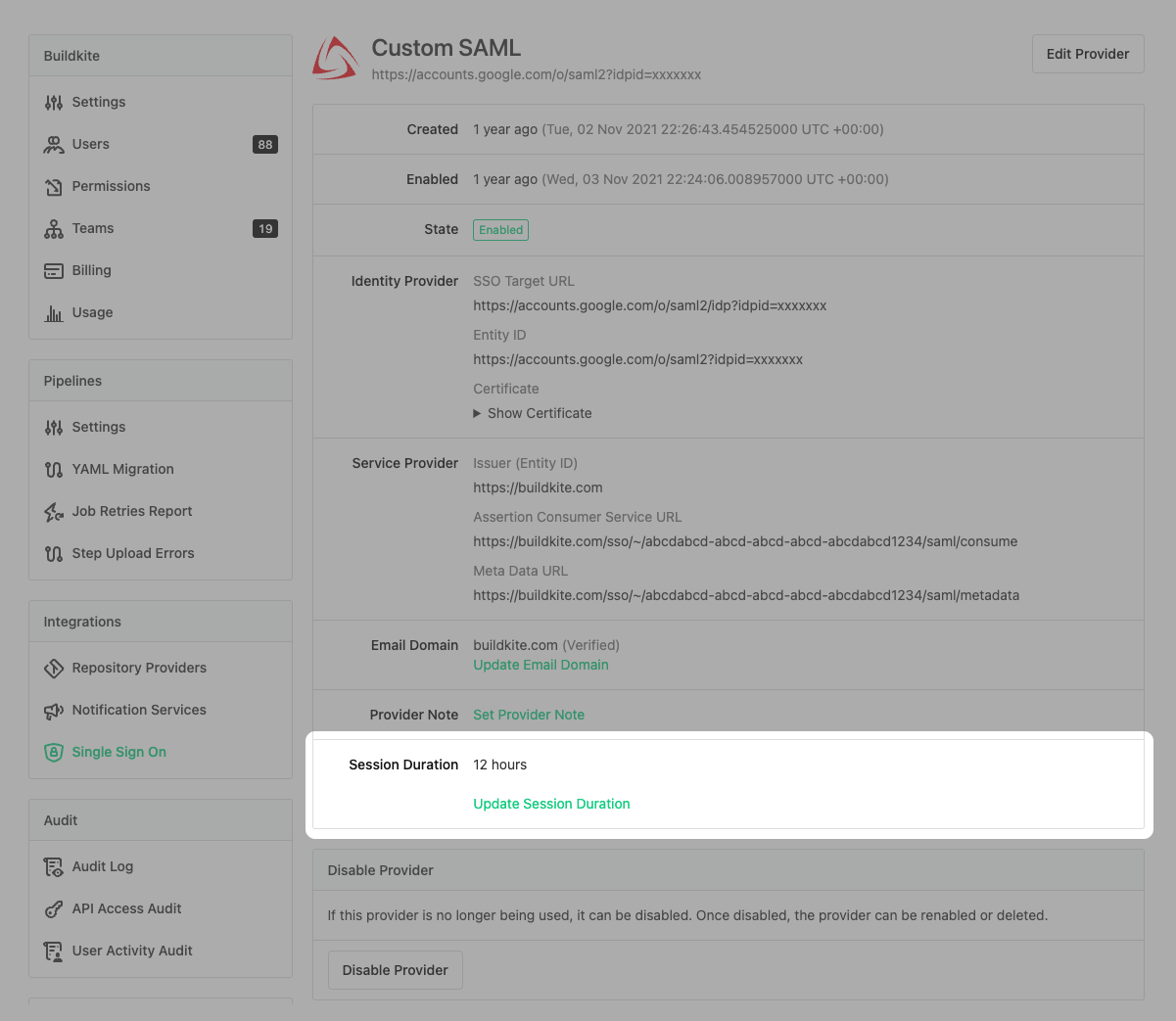 Screenshot of the Buildkite SSO Settings Page